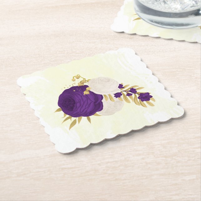 Dessous-de-verre En Papier royal violet & fleurs blanches or (Incliné)