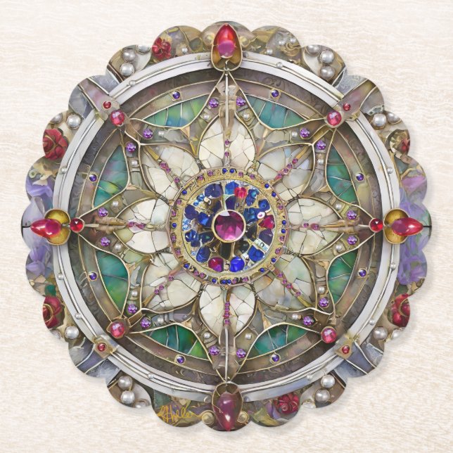 Dessous-de-verre En Papier Ruby, Amethyst, Sapphire et Pearl Mandala (Devant)