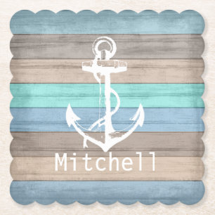 Dessous-de-verre En Papier Rustic Beach Wood Grandes et Ancre nautiques