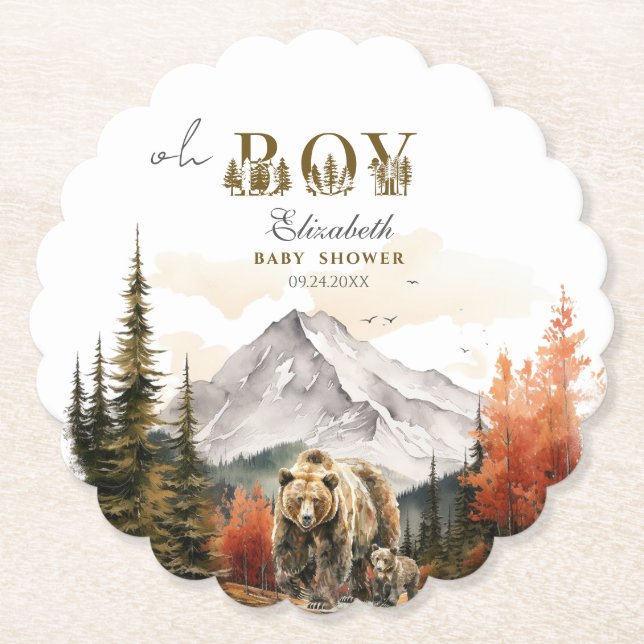 Dessous-de-verre En Papier Rustic Bear Adventure Baby shower "Oh Boy" (Devant)