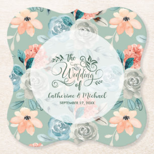 Dessous-de-verre En Papier Sage Green Floral Élégant Mariage Calligraphie