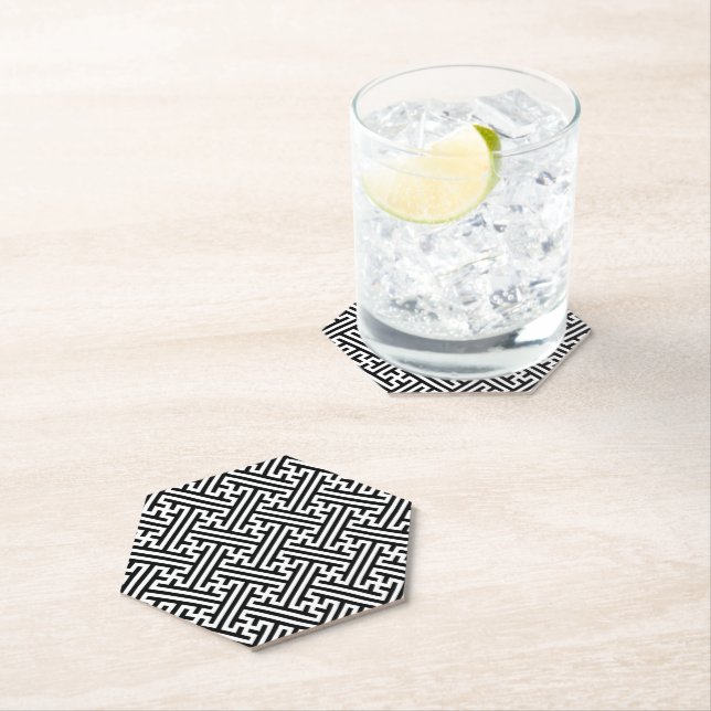 Dessous-de-verre En Papier Sayagata motif, japonais, noir et blanc (En situation)