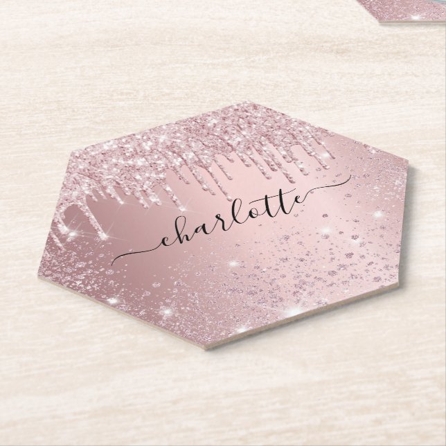 Dessous-de-verre En Papier Script nom pailleté rose blush (Incliné)