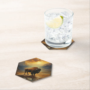 Dessous-de-verre En Papier Silhouette de Bison de Buffalo au Coucher du Solei