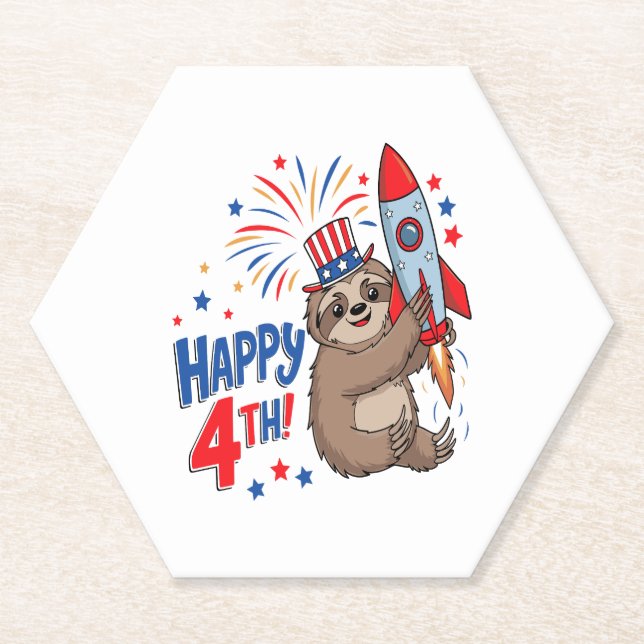 Dessous-de-verre En Papier Sloth Happy 4th Rocket Fireworks USA (Devant)