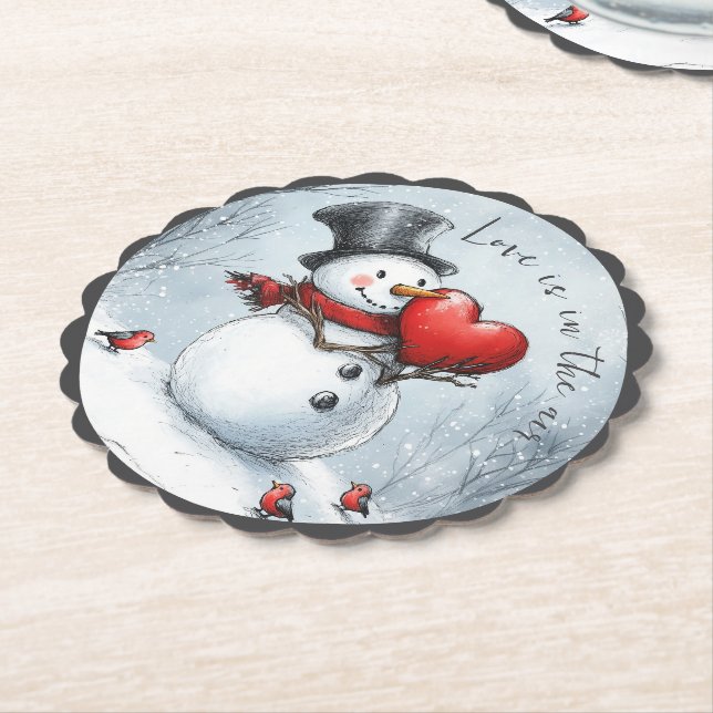 Dessous-de-verre En Papier Snowman offre l'amour avec un grand coeur (Incliné)