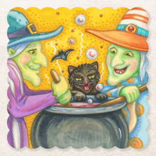 DESSOUS-DE-VERRE EN PAPIER SOEURS DE TÉMOIGNAGE, CHAT NOIR & CARRÉ HALLOWEEN