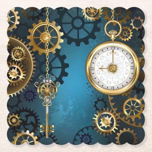 Dessous-de-verre En Papier Steampunk Arrière - plan turquoise avec Gears (Devant)