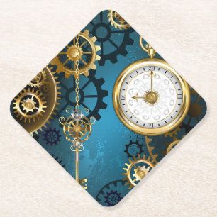 Dessous-de-verre En Papier Steampunk Arrière - plan turquoise avec Gears