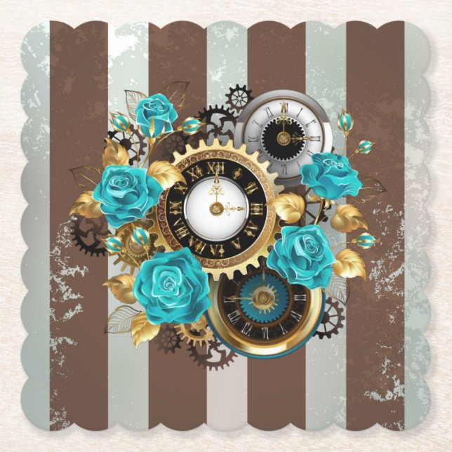 Dessous-de-verre En Papier Steampunk Clock and Turquoise Roses on Striped (Devant)