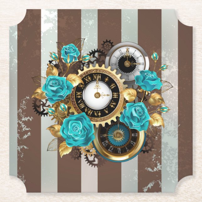Dessous-de-verre En Papier Steampunk Clock and Turquoise Roses on Striped (Devant)