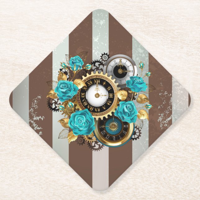 Dessous-de-verre En Papier Steampunk Clock and Turquoise Roses on Striped (Devant)