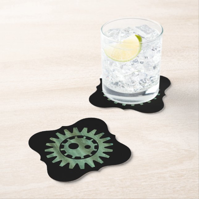 Dessous-de-verre En Papier Steampunk Verdigris Bronze Gear I (En situation)