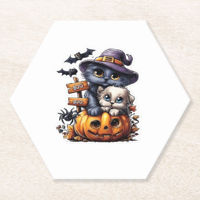 Dessous-de-verre En Papier Sticker Chat Halloween mignonne - Casquette sorciè (Devant)
