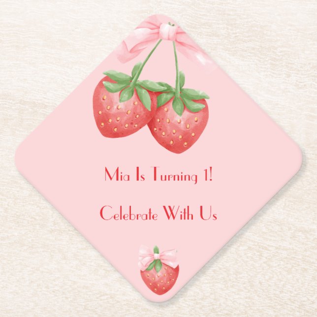 DESSOUS-DE-VERRE EN PAPIER STRAWBERRIES PINK BOW BIRTHDAY  (Devant)