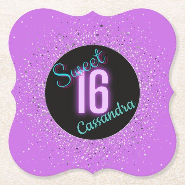 Dessous-de-verre En Papier Sweet 16 violet argenté brillance personnalisée (Devant)