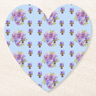 Dessous-de-verre En Papier Tasses Shabby Pansy Floral Gingham Bleu