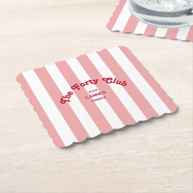 Dessous-de-verre En Papier The Forty Club Pink Cabana Stripe 40th Birthday (Incliné)