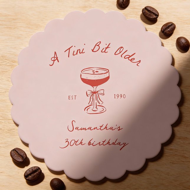 Dessous-de-verre En Papier Tini Bit Older Espresso Martini Scribble Birthday (A tini bit older hand-drawn espresso martini paper coaster in pink and red)