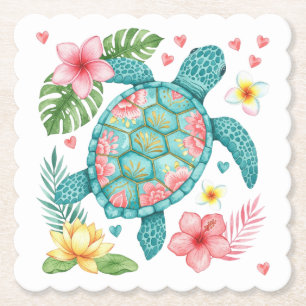 Dessous-de-verre En Papier Tortue de mer et fleurs tropicales