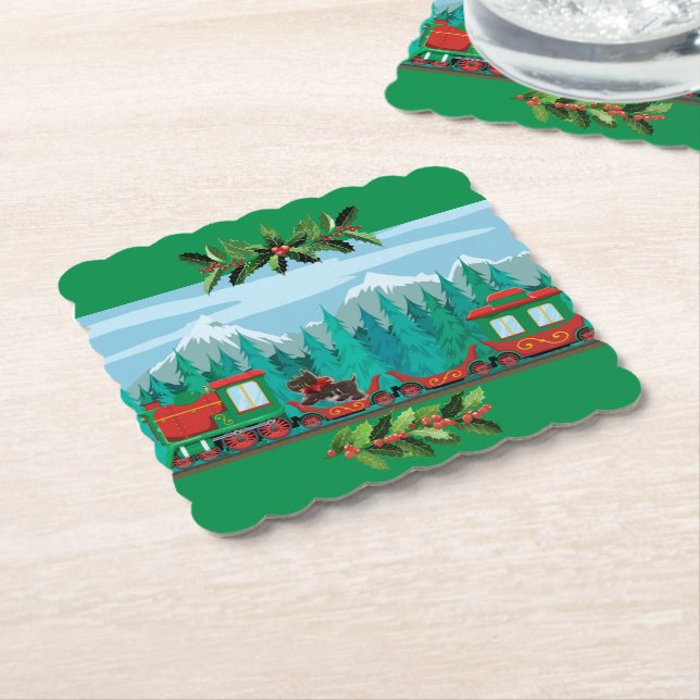 Dessous-de-verre En Papier Train de Noël Joyeux Vert (Incliné)