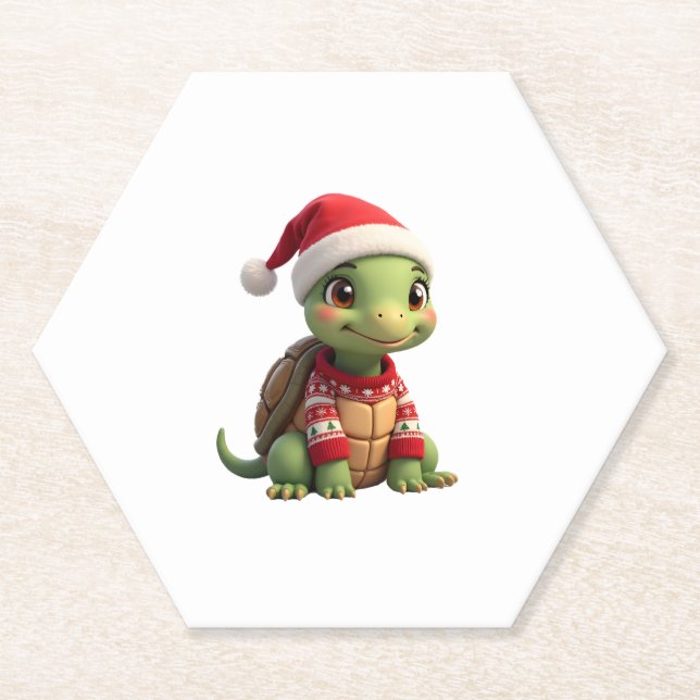 Dessous-de-verre En Papier Turtle Ugly Sweater Santa Hat Christmas T-Shirt (2 (Devant)