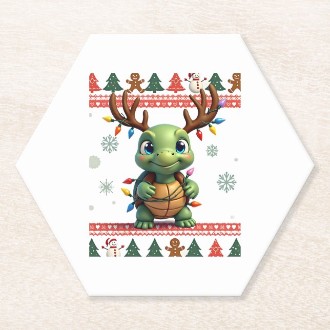 Dessous-de-verre En Papier Ugly Xmas Sweater Style Lighting Turtle Christmas  (Devant)