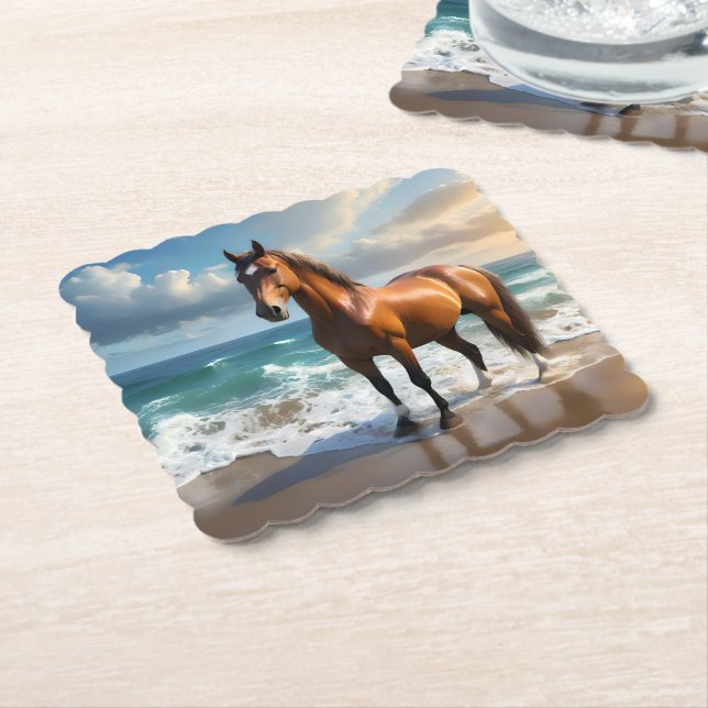 Dessous-de-verre En Papier Un Étonnant Cheval Brown Sur La Plage, (Incliné)