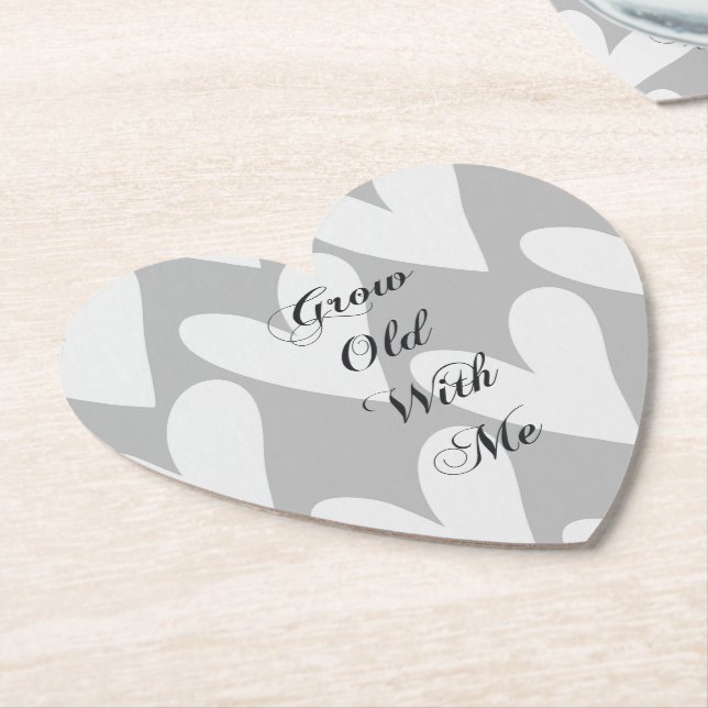 Dessous-de-verre En Papier Vieillir Avec Moi Aimer Grey Coeurs Blancs (Incliné)