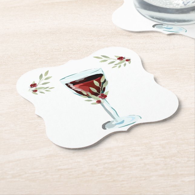Dessous-de-verre En Papier Vin rouge Rose Aquarelle fête d'anniversaire (Incliné)