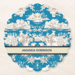 Dessous-de-verre En Papier Vintage bleu turquoise toile de jouy monogramme