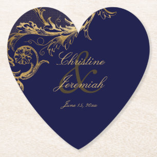 Dessous-de-verre En Papier Vintage Blue Gold Floral Damask Script Mariage