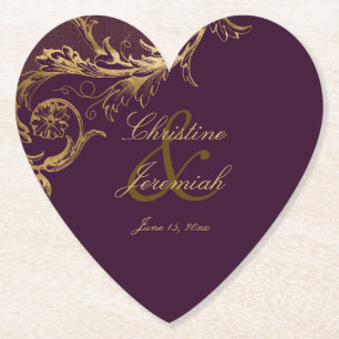 Dessous-de-verre En Papier Vintage Purple Gold Floral Damask Script Mariage