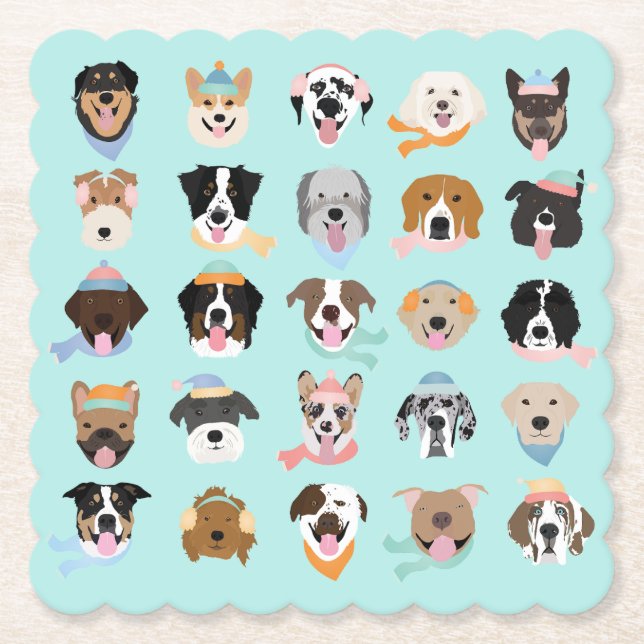 Dessous-de-verre En Papier Visages de chiens d'hiver (Devant)
