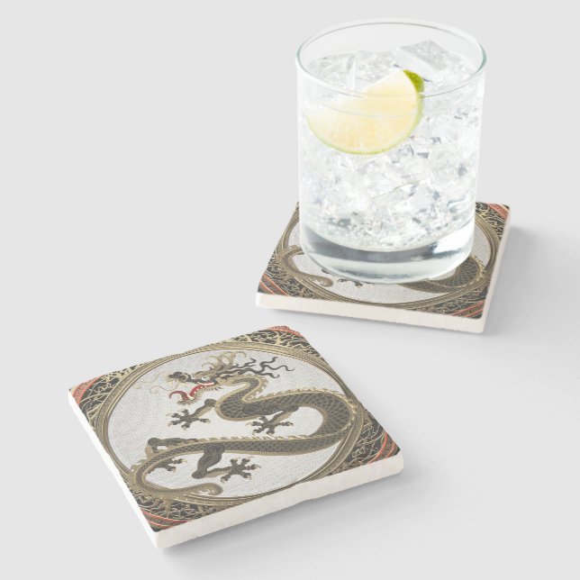 Dessous-de-verre En Pierre [500] Dragon oriental sacré noir et or (Côté)