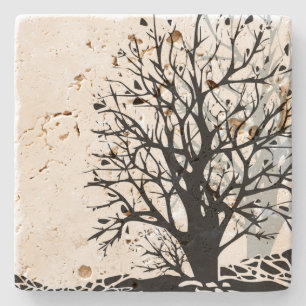 Dessous-de-verre En Pierre Abstrait moderne arbre noir silhouette ombre blanc