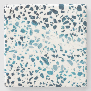 Dessous-de-verre En Pierre Abstrait Terrazzo Mosaic Marine et Motif bleu clai