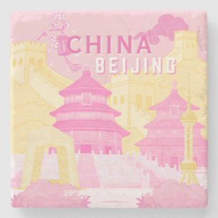 Dessous-de-verre En Pierre Affiche de voyage à Pékin Chine Art rose et jaun