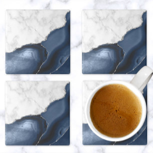 Dessous-de-verre En Pierre Agate bleu marine et marbre blanc paillettes argen