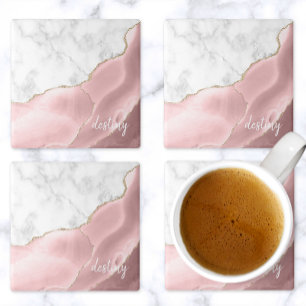 Dessous-de-verre En Pierre Agate Rose Pâle Marbre Blanc Signature Or