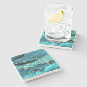 Dessous-de-verre En Pierre Agate Turquoise Bleu Parties scintillant en marbre