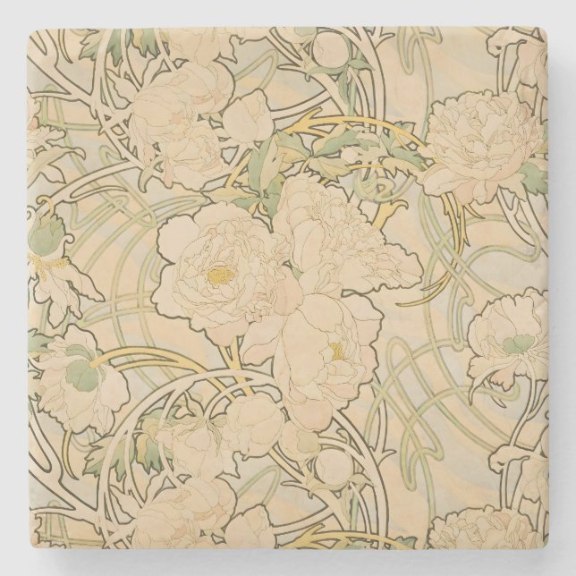 Dessous-de-verre En Pierre Alfonse Mucha Art nouveau Peonies Art botanique (Devant)