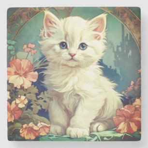 Dessous-de-verre En Pierre Alphonse Mucha Style Chat blanc