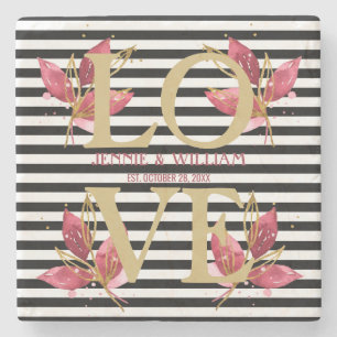 Dessous-de-verre En Pierre AMOUR et Fleurs sur Black Stripes Mariage Date