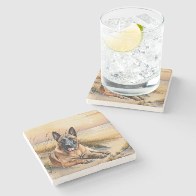 Dessous-de-verre En Pierre Amoureux du Malinois belge Plage de sable (Côté)