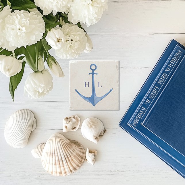 Dessous-de-verre En Pierre Ancre de bateau rustique Monogrammé (rustic watercolor boat anchor monogrammed stone coaster)