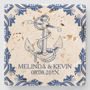 Dessous-de-verre En Pierre Ancre marine bleue et cadre floral bleu