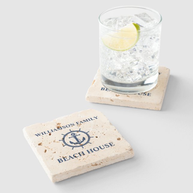 Dessous-de-verre En Pierre Ancre nautique Wheel Beach House Travertine (Côté)
