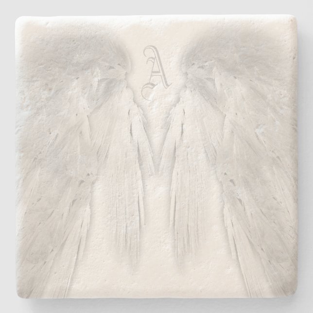 Dessous-de-verre En Pierre ANGEL WINGS Blanc Personnalisé Monogramme (Devant)