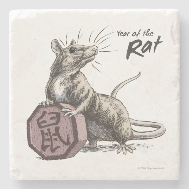 Dessous-de-verre En Pierre Année du Rat chinois Zodiac Animal Art (Devant)